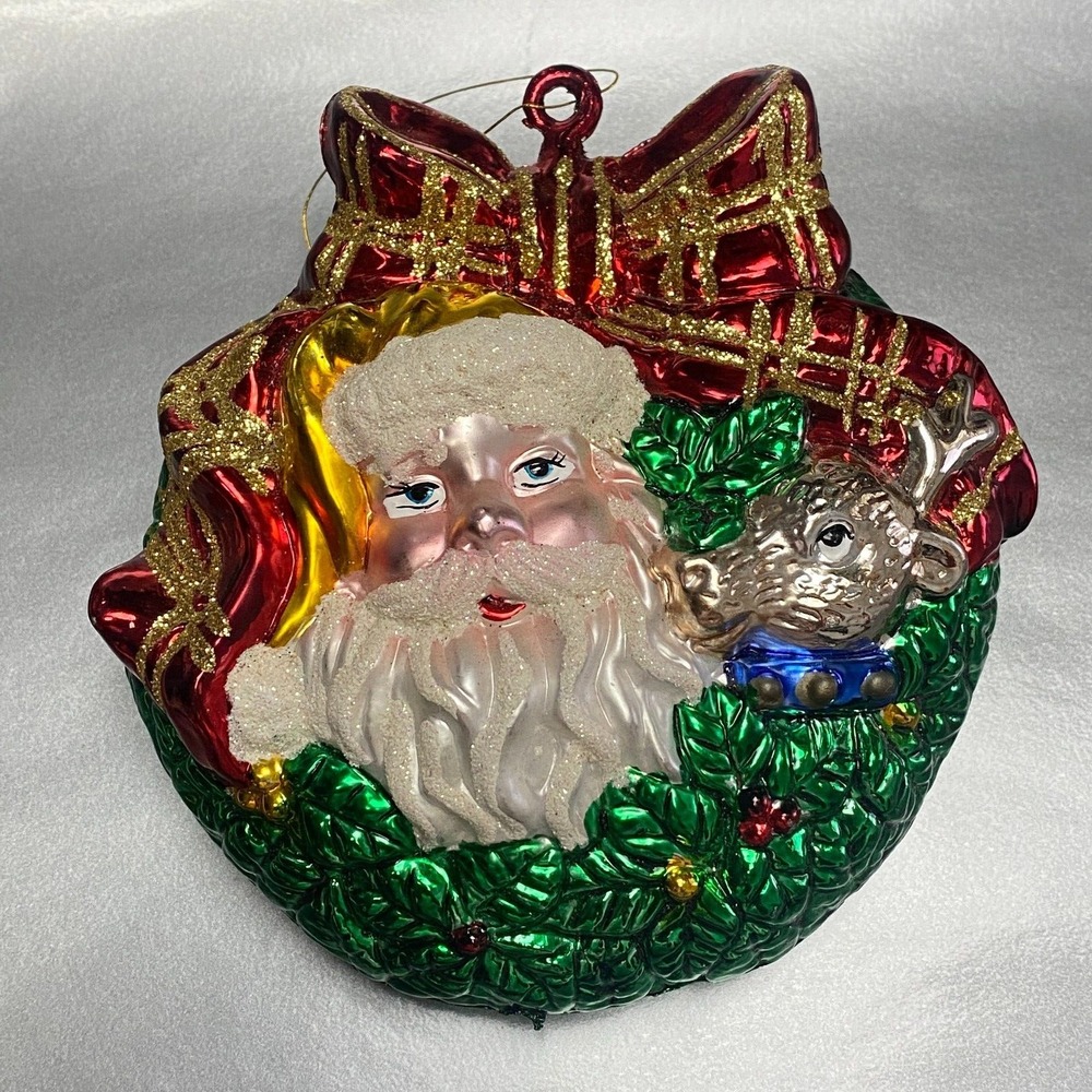 SANTA with REINDEER & RED BOW Glass Blown Ornament Green Wreath